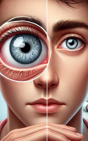 DALL·E 2024-12-06 17.59.10 - A medical illustration of strabismus (eye misalignment) showing one eye turned inward while the other eye looks straight ahead. The image should inclu