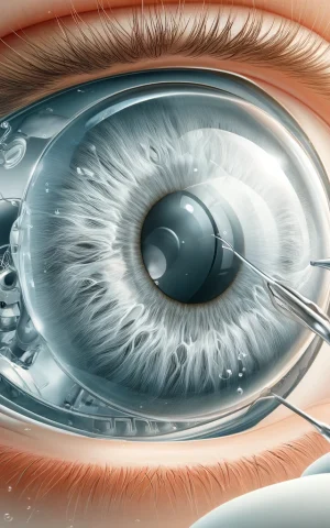 DALL·E 2024-12-06 18.04.04 - A detailed medical illustration of cataract surgery, showing a close-up of an eye with a clouded lens being replaced by a clear artificial lens. The i
