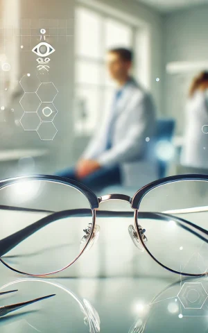 DALL·E 2024-12-06 18.20.56 - A professional and modern image depicting eyeglasses for vision correction, placed on a clean table in a bright clinical setting. The image features s
