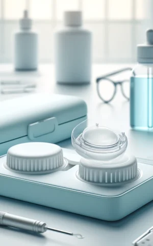 DALL·E 2024-12-06 18.25.08 - A professional image of contact lenses used for vision correction, placed on a clean table with a contact lens case and solution bottle. The setting i