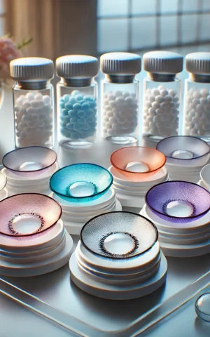 DALL·E 2024-12-06 18.28.11 - A professional image of colored contact lenses displayed in a clean and modern setting, featuring various vibrant lens colors in their cases. The scen